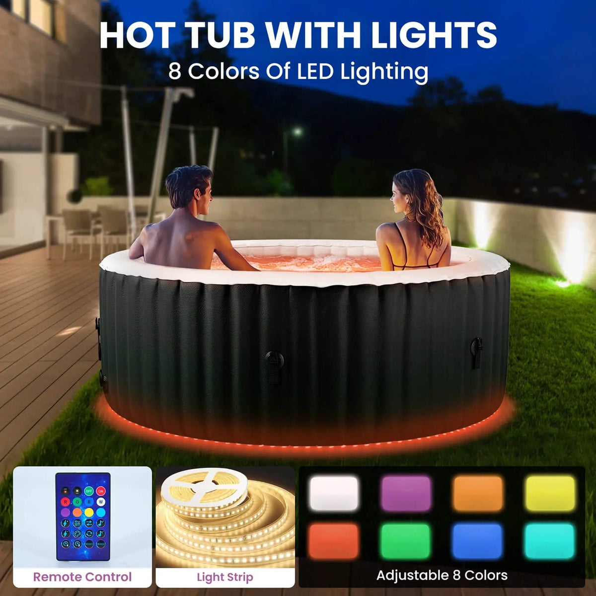 Premium Large 4-Person Inflatable Hot Tub Kit With 8-Color LED Lights | 4-Person | Outdoor Living Use | Outdoor Living