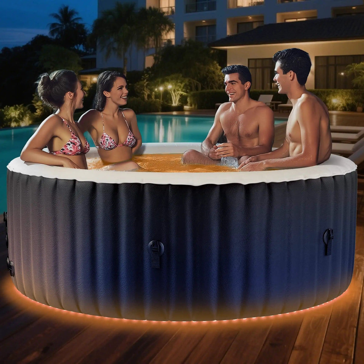 Premium Large 4-Person Inflatable Hot Tub Kit With 8-Color LED Lights | 4-Person | Outdoor Living Use | Outdoor Living