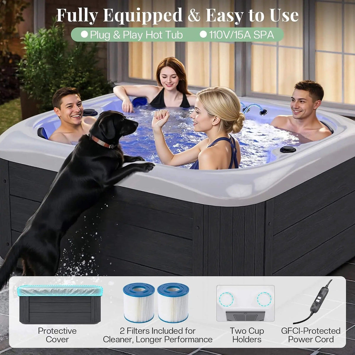 Premium 4-Person Outdoor Hot Tub W/ 23 Stainless Steel Jets | 4-Person | Stainless Steel | Outdoor Living