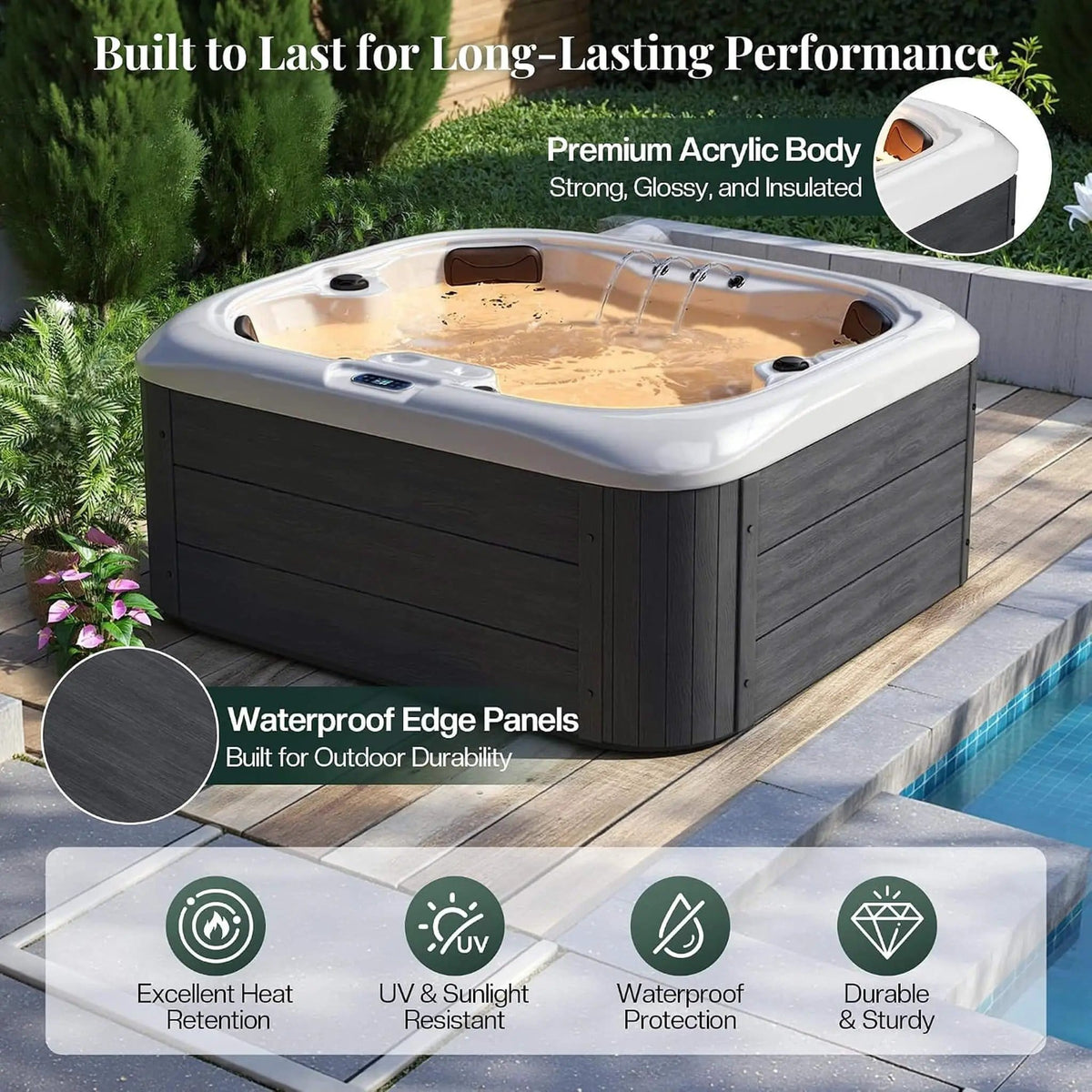 Premium 4-Person Outdoor Hot Tub W/ 23 Stainless Steel Jets | 4-Person | Stainless Steel | Outdoor Living