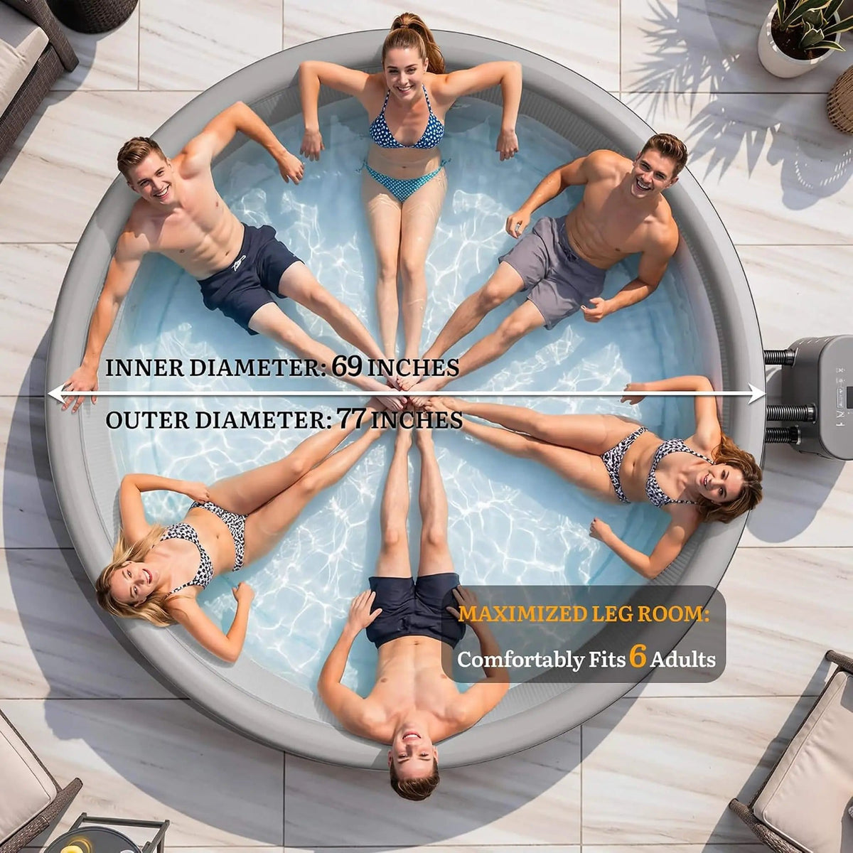 Premium 77-Inch Inflatable 6-Person Drop-Stitch Hot Tub W/ 180 Massage Jets | 77 Inch | 6-Person | Outdoor Living