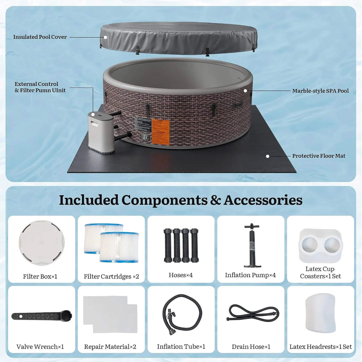 Premium 77-Inch Inflatable 6-Person Drop-Stitch Hot Tub W/ 180 Massage Jets | 77 Inch | 6-Person | Outdoor Living