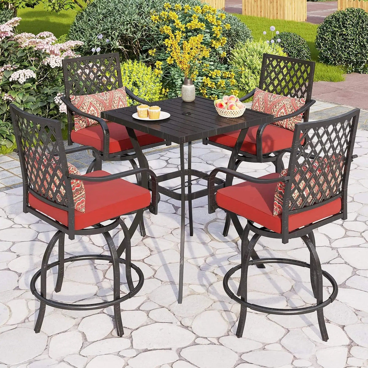 Premium 6-Piece Bar Patio Furniture Set With Umbrella, Swivel Chairs, And Cushions | 6-Piece | Steel | Outdoor Furniture Set
