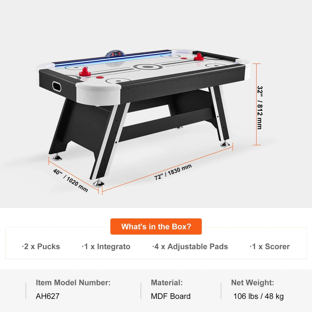 Premium 72-Inch Air Hockey Table With LED Electronic Scorer | 72 Inch | Game Table | Home