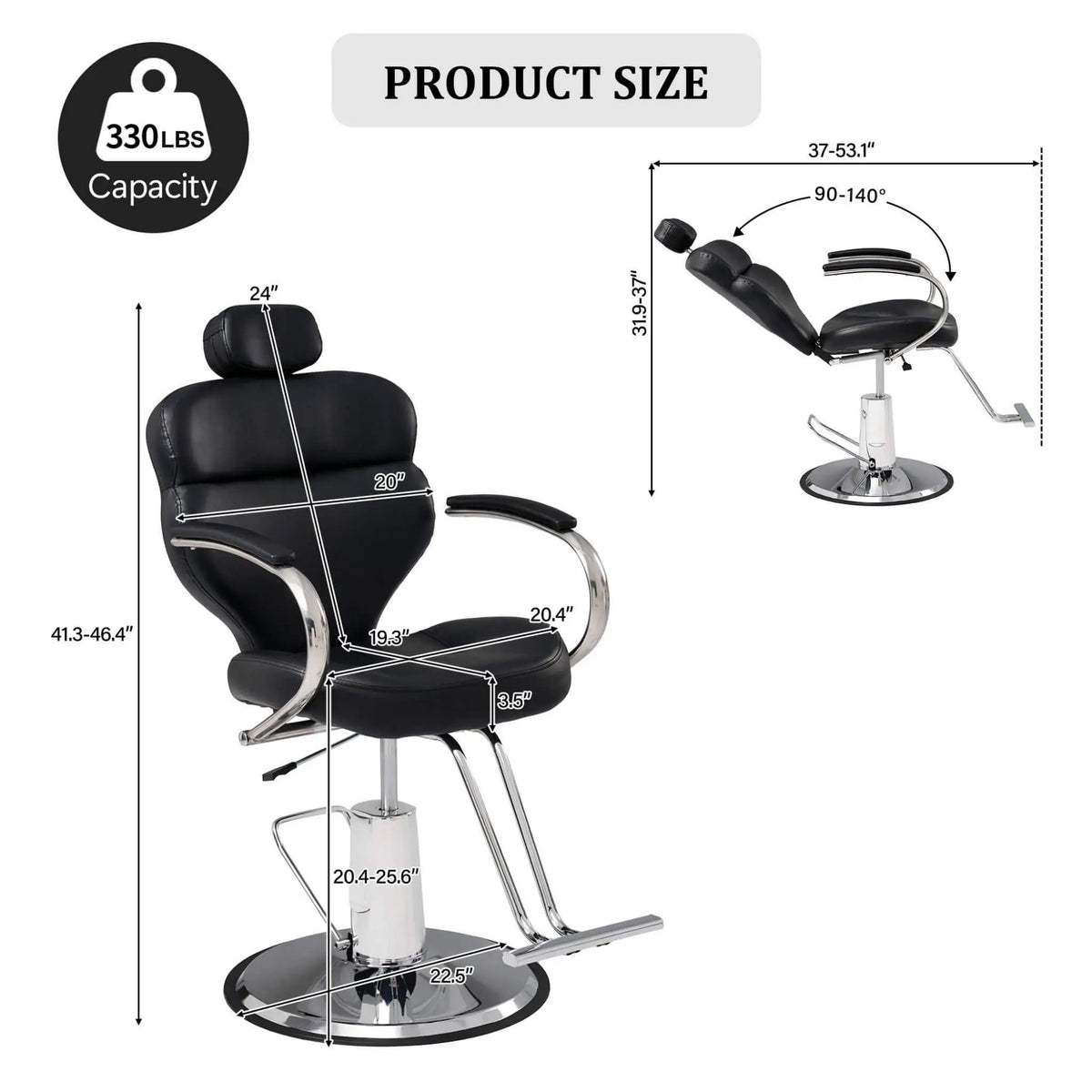 Reclining Barber Chair | Black PU Leather | Hydraulic Pump | 400 Lb Capacity