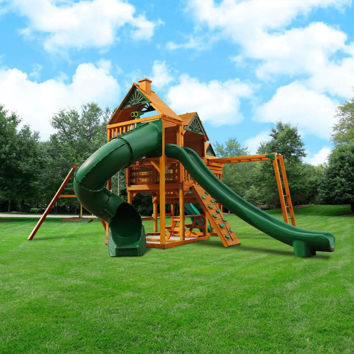 Premium Cedar Wood Swing Set With 3 Play Decks 3 Slides And Monkey Bars | Wood | Swing Set & Playset | Home