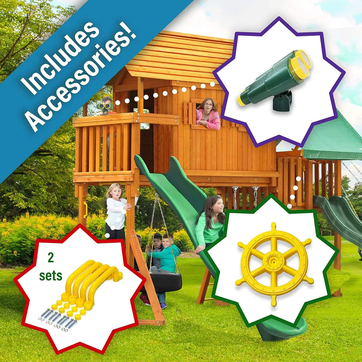 Premium Cedar Wood Tree House Swing Set With Clubhouse, Wave Slide And Scoop Slide | Wood | Swing Set & Playset | Home