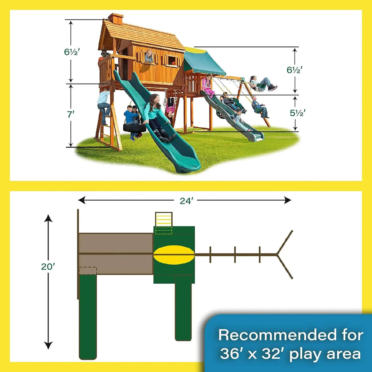 Premium Cedar Wood Tree House Swing Set With Clubhouse, Wave Slide And Scoop Slide | Wood | Swing Set & Playset | Home