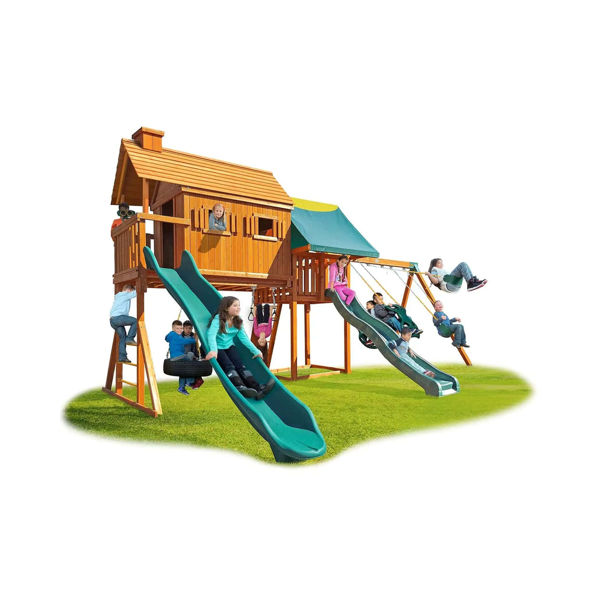 Premium Cedar Wood Tree House Swing Set With Clubhouse, Wave Slide And Scoop Slide | Wood | Swing Set & Playset | Home