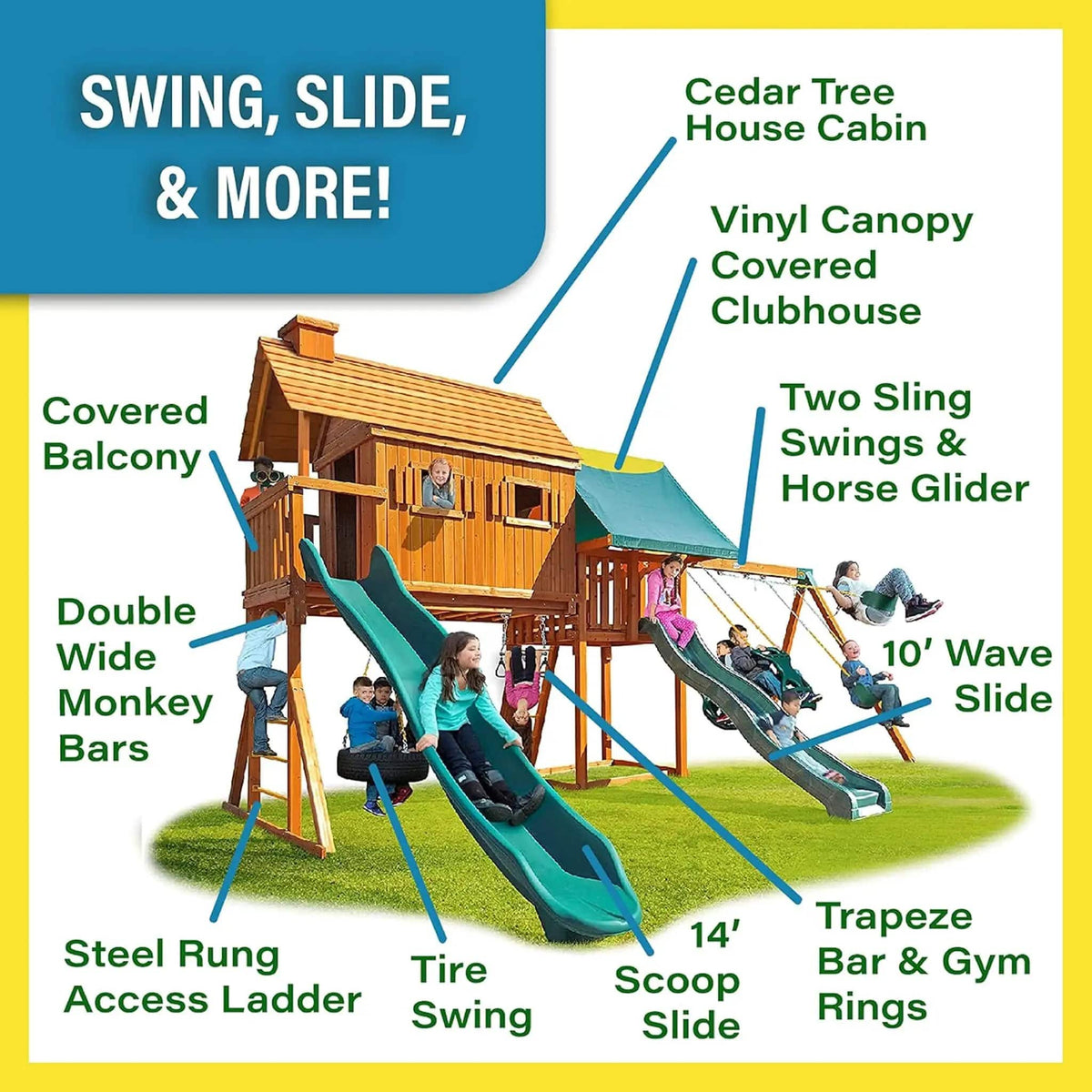 Premium Cedar Wood Tree House Swing Set With Clubhouse, Wave Slide And Scoop Slide | Wood | Swing Set & Playset | Home