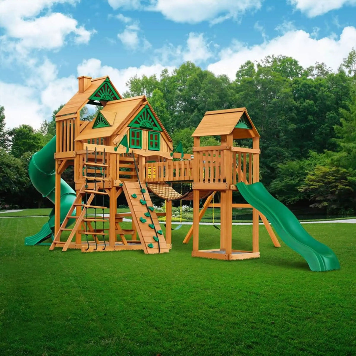 Premium Cedar Wood Treehouse Swing Set With Tube Slide And Sandbox | Wood | Swing Set & Playset | Home