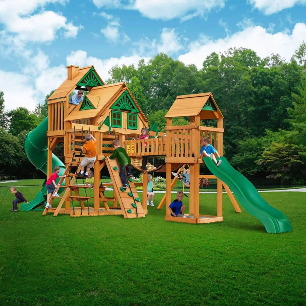 Premium Cedar Wood Treehouse Swing Set With Tube Slide And Sandbox | Wood | Swing Set & Playset | Home