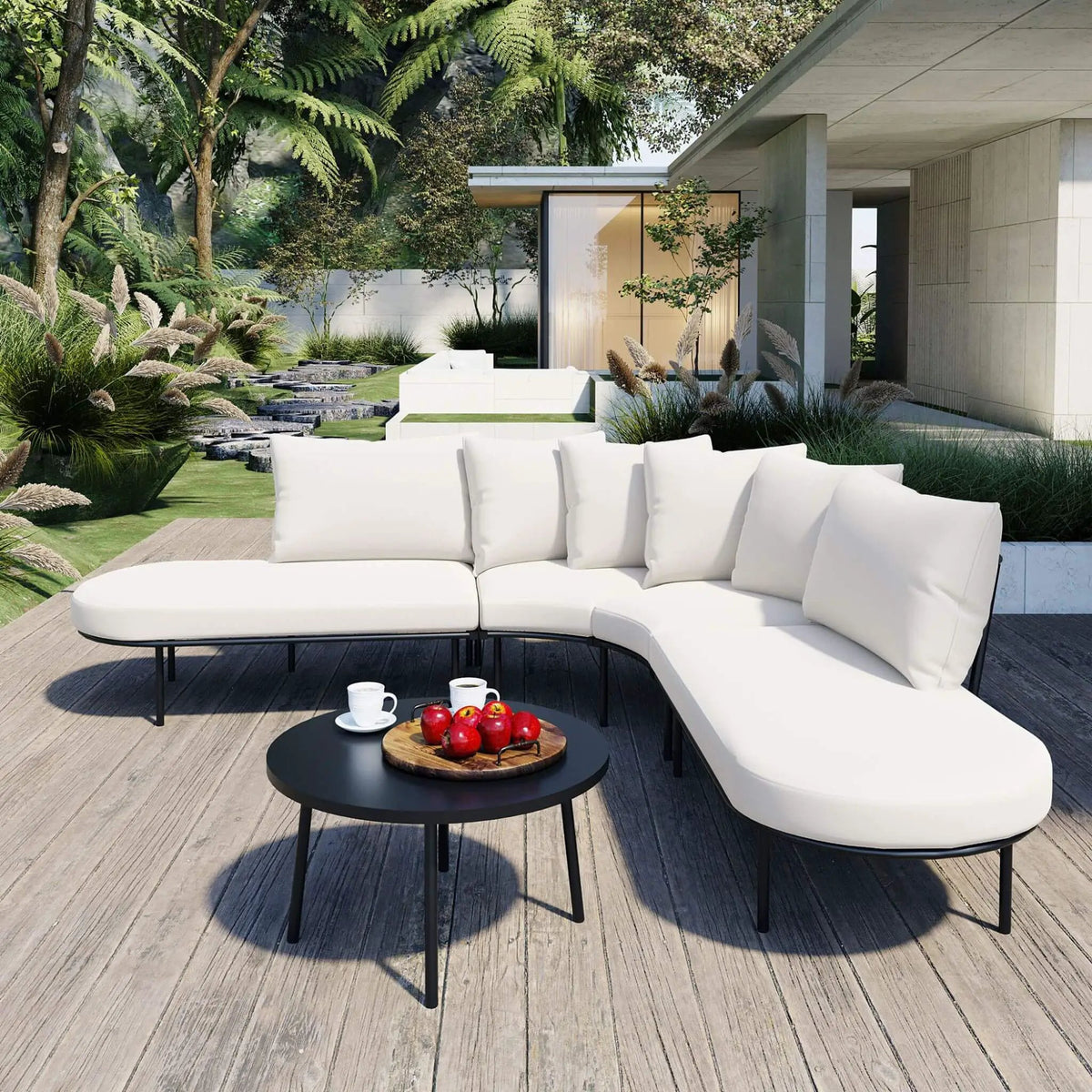 Half-Moon Curved Patio Sofa Set | 6-Person Seating | Thickened Iron Frame | All-Weather Cushions