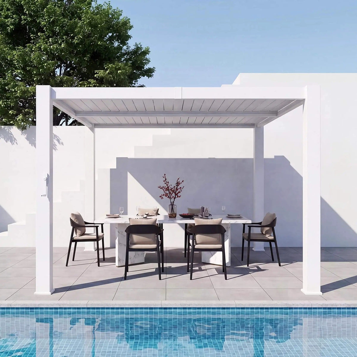 Premium White Outdoor Metal Louvered Pergola With Drainage System | Steel | Outdoor Living Use | Outdoor Living