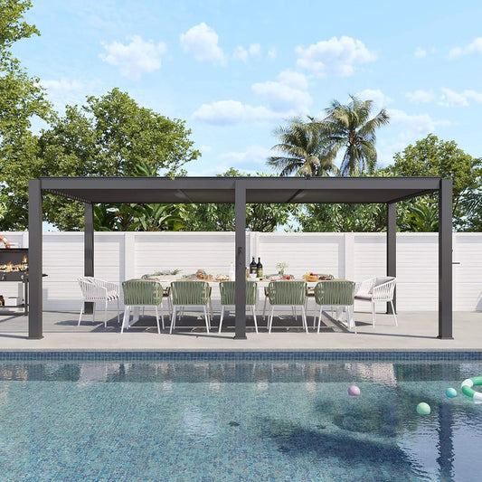 Premium Gray Outdoor Metal Pergola With Louvered Roof And Drainage System | Metal | Outdoor Living Use | Outdoor Living