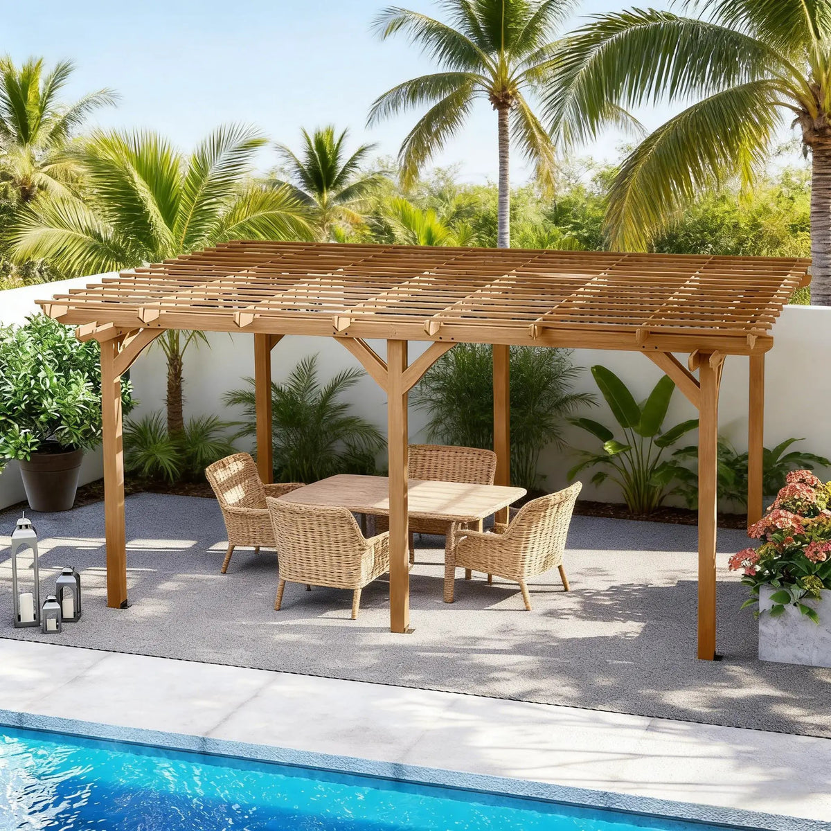 Wooden Grape Trellis Pergola | Premium Outdoor Design | Fir Wood Construction | Triple-Level Beam Design