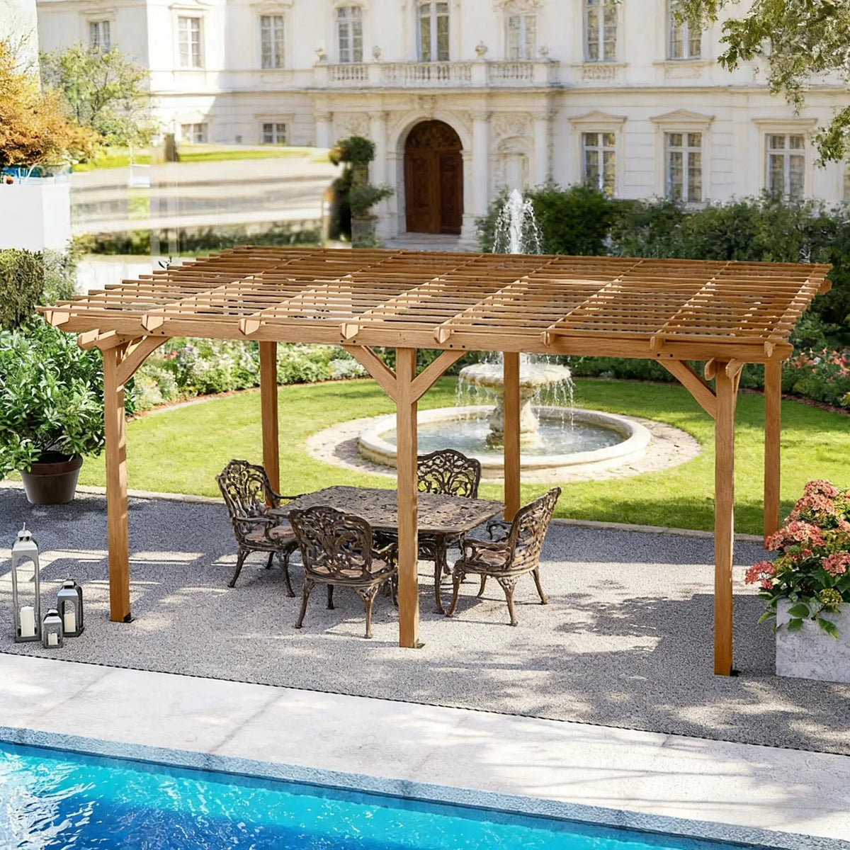 Wooden Grape Trellis Pergola | Premium Outdoor Design | Fir Wood Construction | Triple-Level Beam Design
