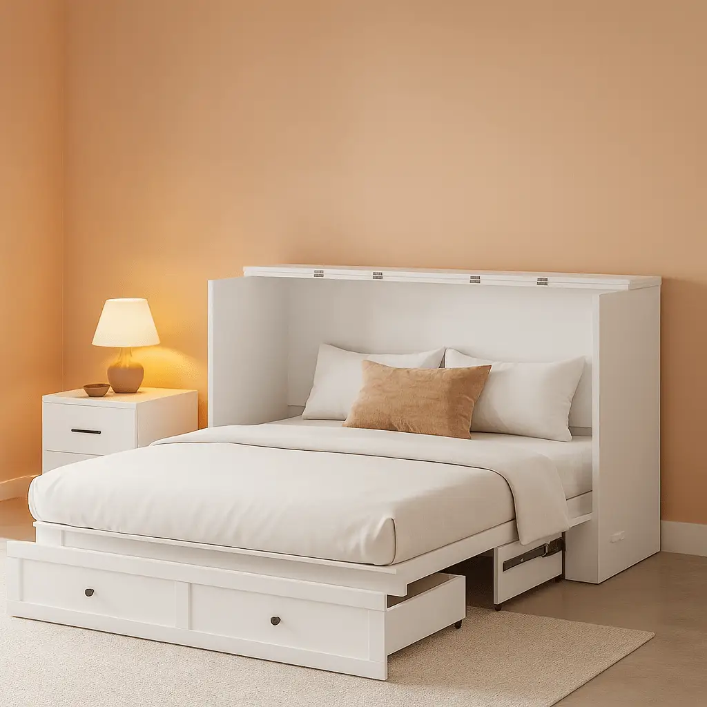 Queen Murphy Bed Cabinet With Storage And Charging Station Distressed White from PriceLows™