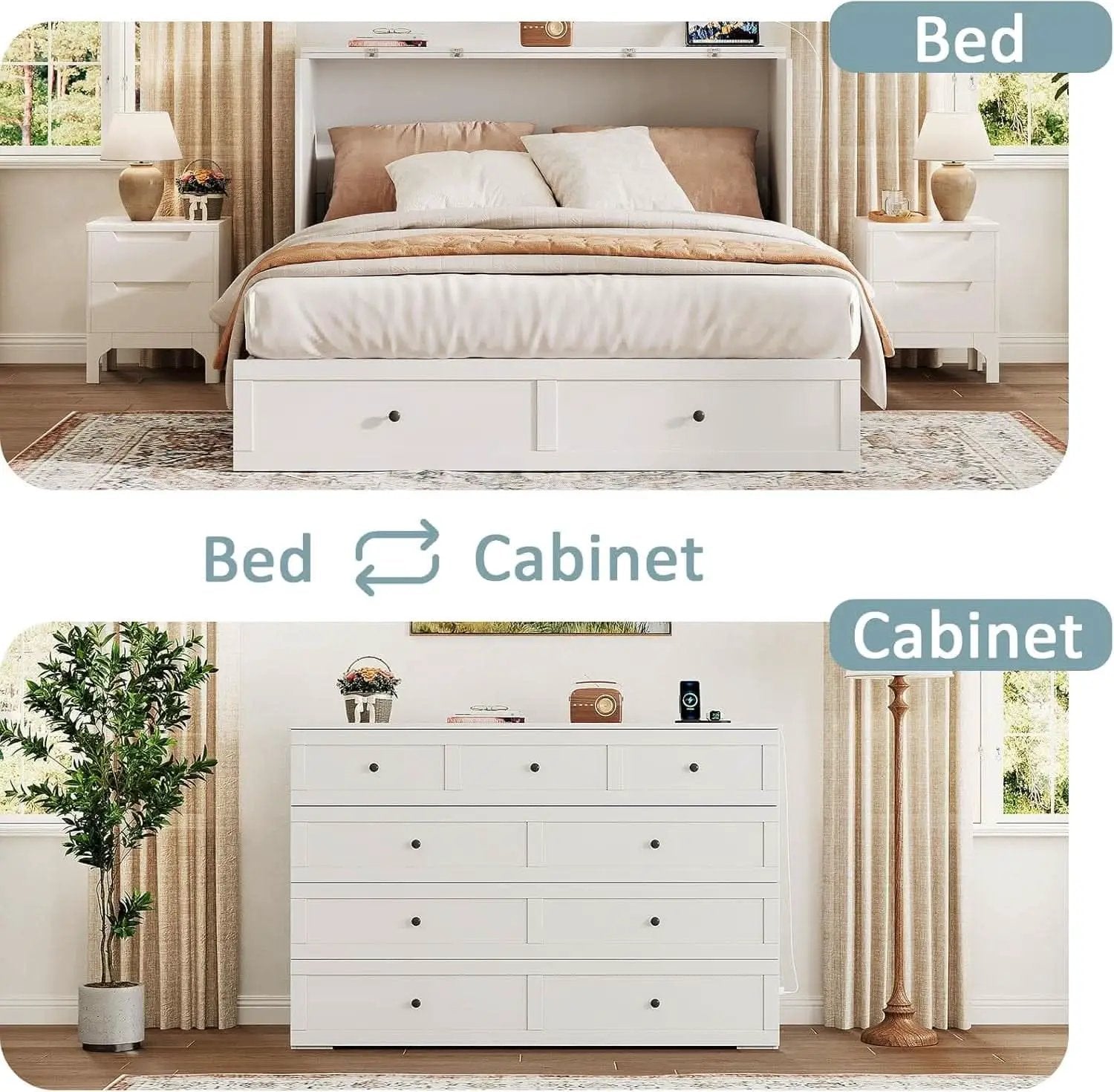 Queen Murphy Bed Cabinet With Storage And Charging Station Distressed White from PriceLows™
