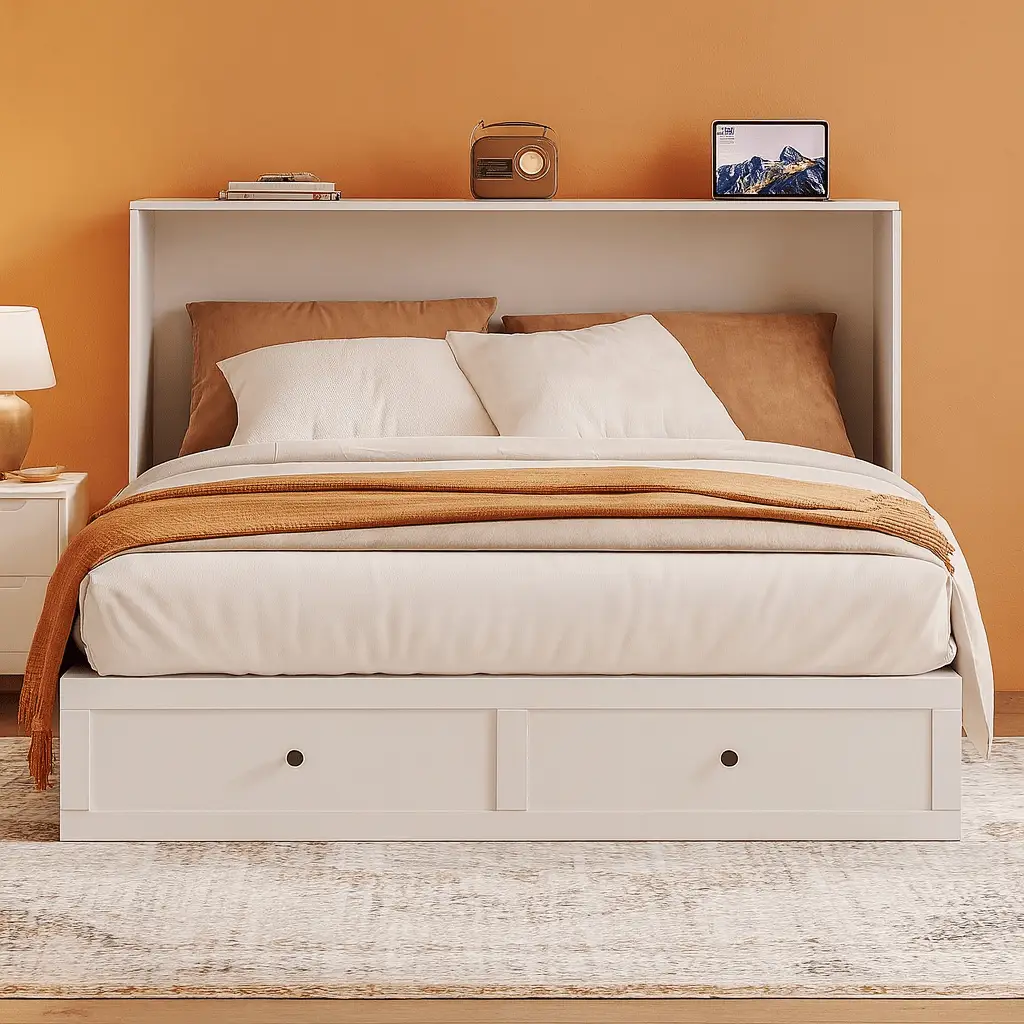 Queen Murphy Bed Cabinet With Storage And Charging Station Distressed White from PriceLows™