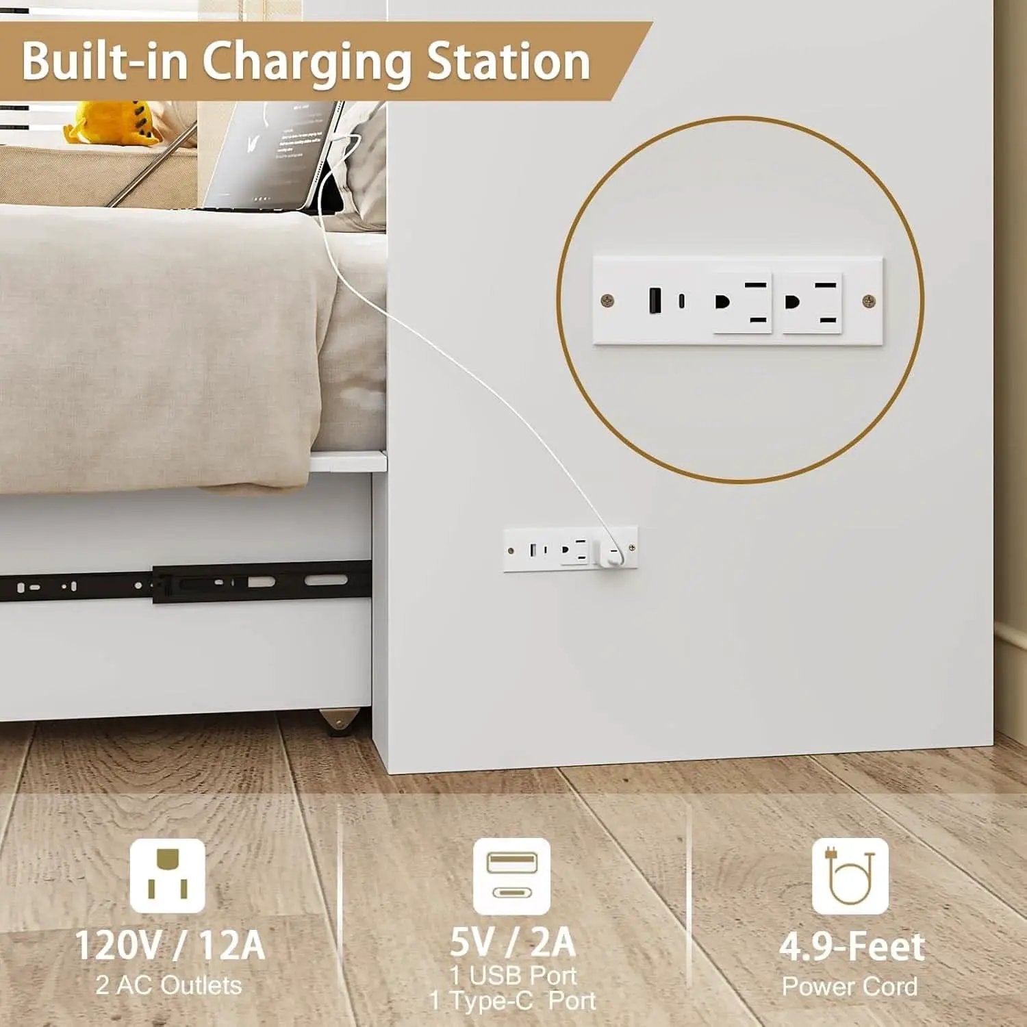 Queen Murphy Bed Cabinet With Storage And Charging Station Distressed White from PriceLows™
