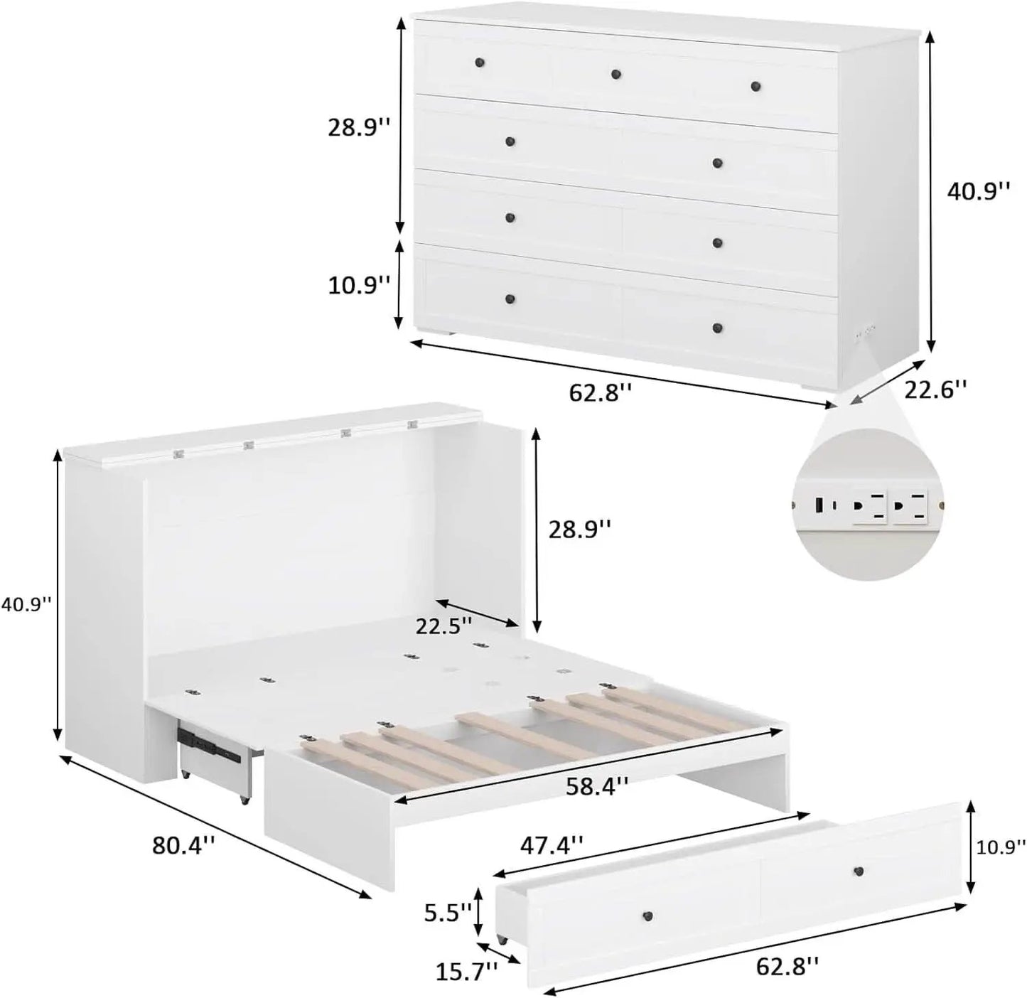 Queen Murphy Bed Cabinet With Storage And Charging Station Distressed White from PriceLows™