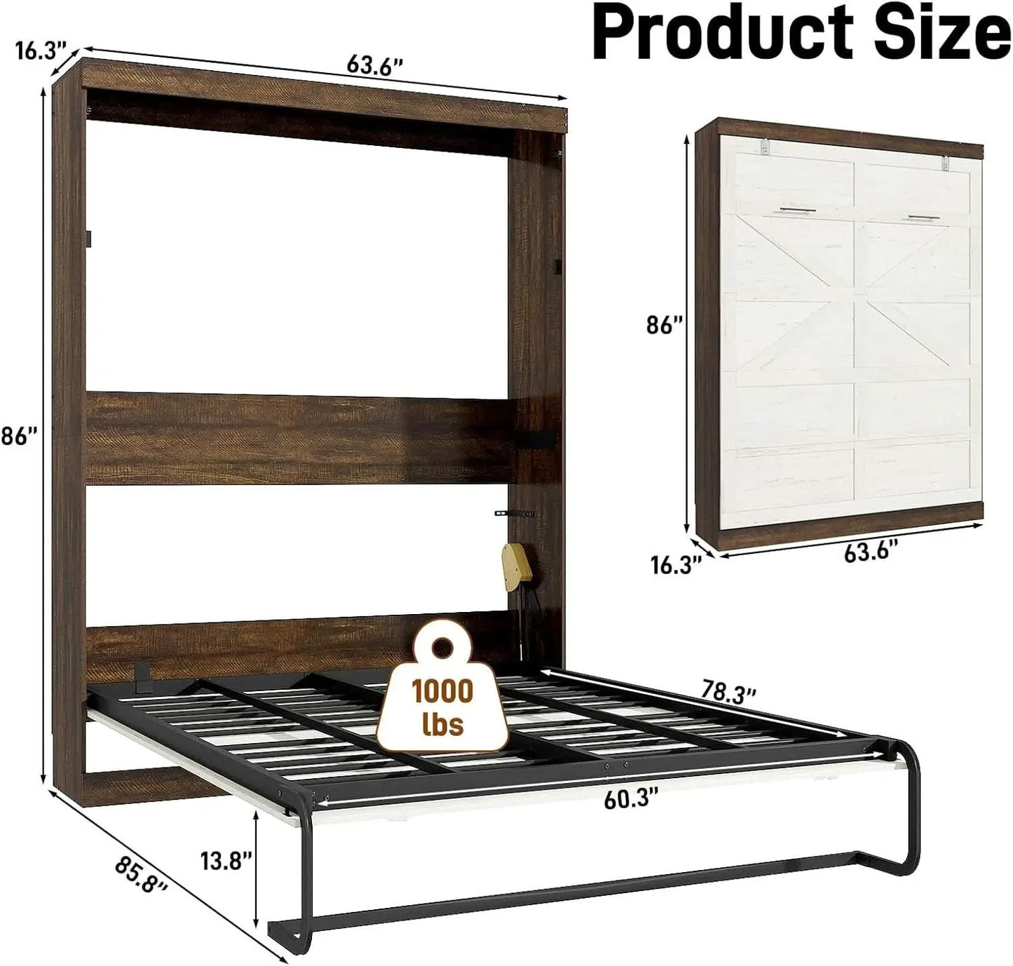Queen Size Murphy Bed With LED Lights Rustic White Finish from PriceLows™
