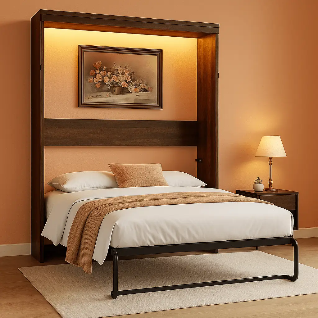 Queen Size Murphy Bed With LED Lights Rustic White Finish from PriceLows™