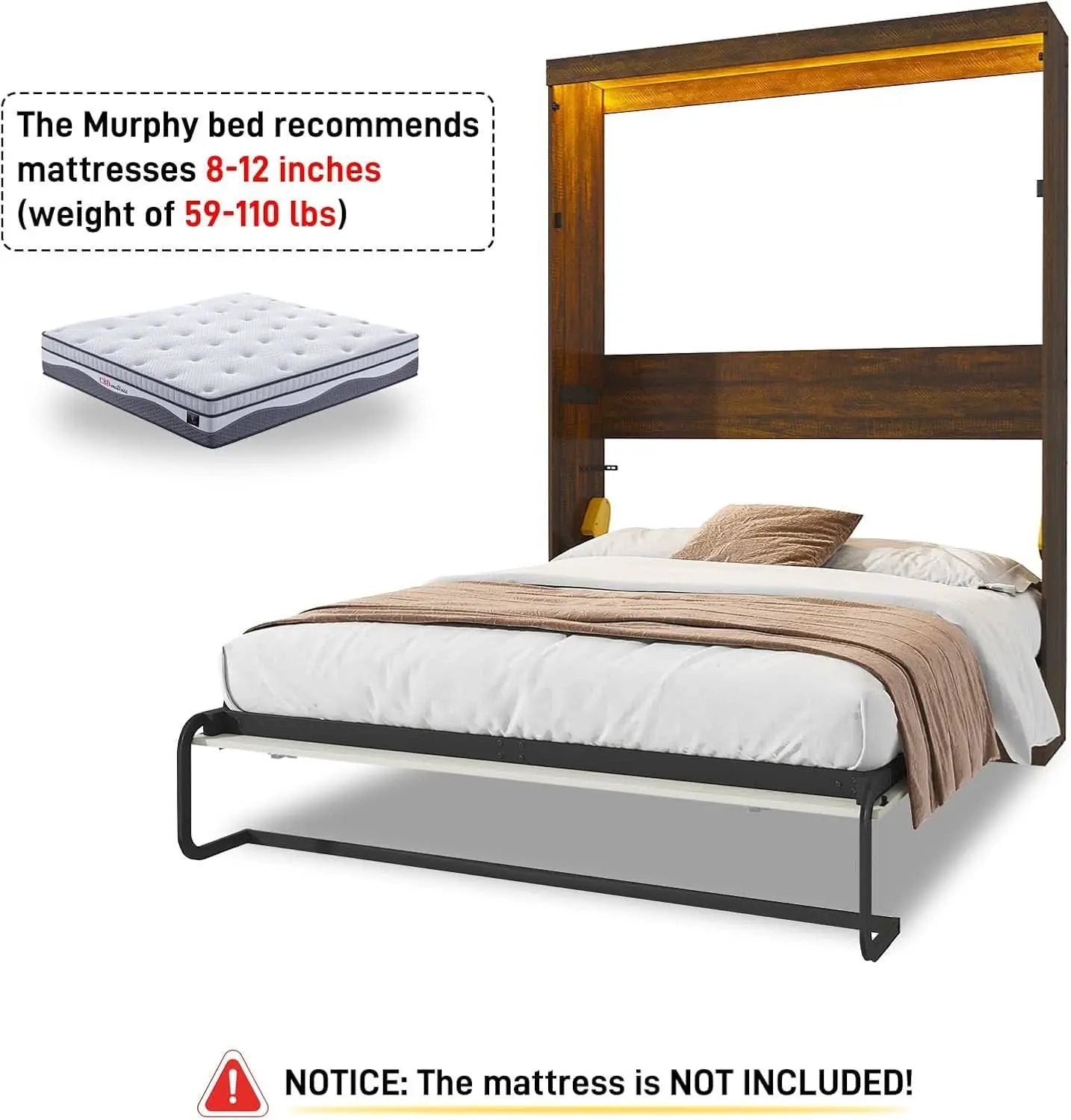 Queen Size Murphy Bed With LED Lights Rustic White Finish from PriceLows™