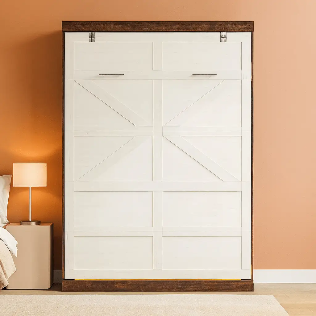 Queen Size Murphy Bed With LED Lights Rustic White Finish from PriceLows™