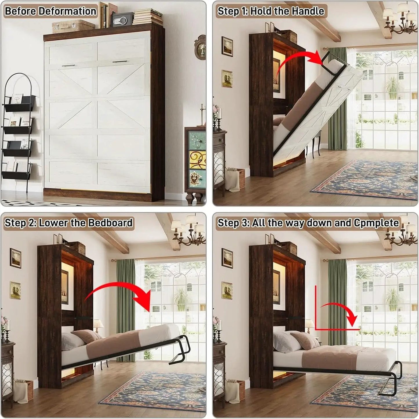 Queen Size Murphy Bed With LED Lights Rustic White Finish from PriceLows™