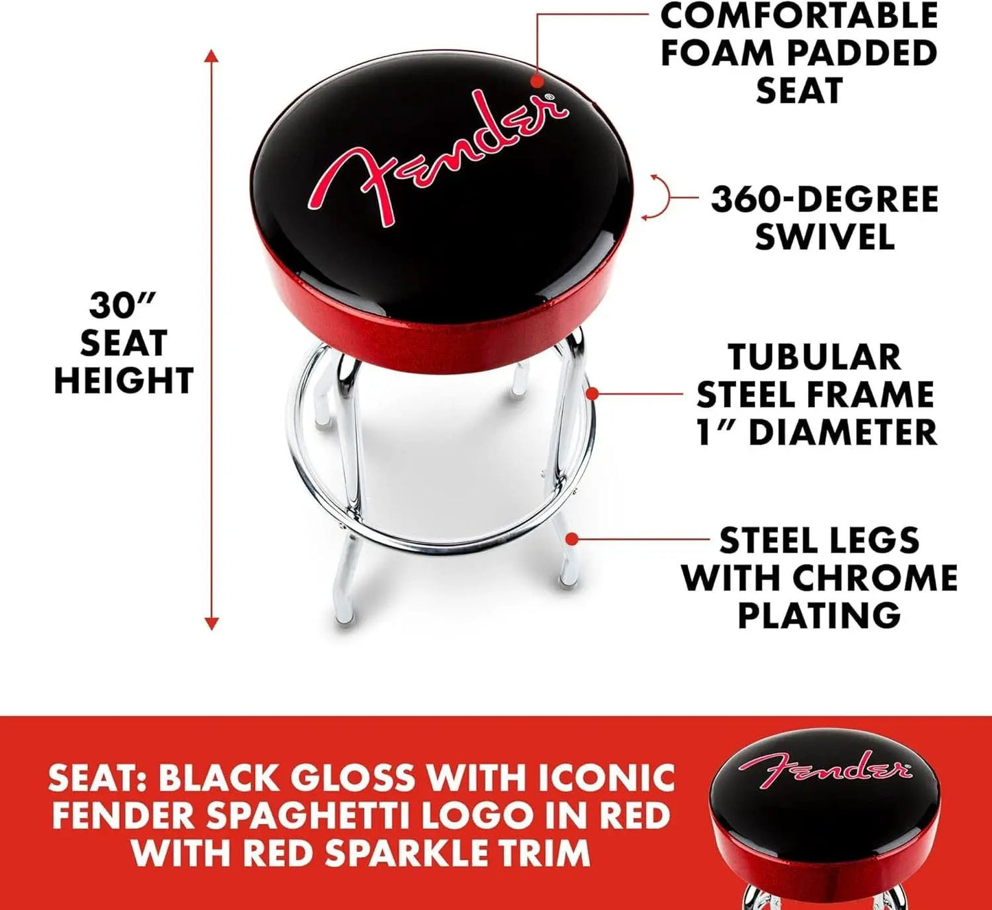 30 Inch Black Swivel Bar Stool With Red Sparkle Logo from PriceLows™