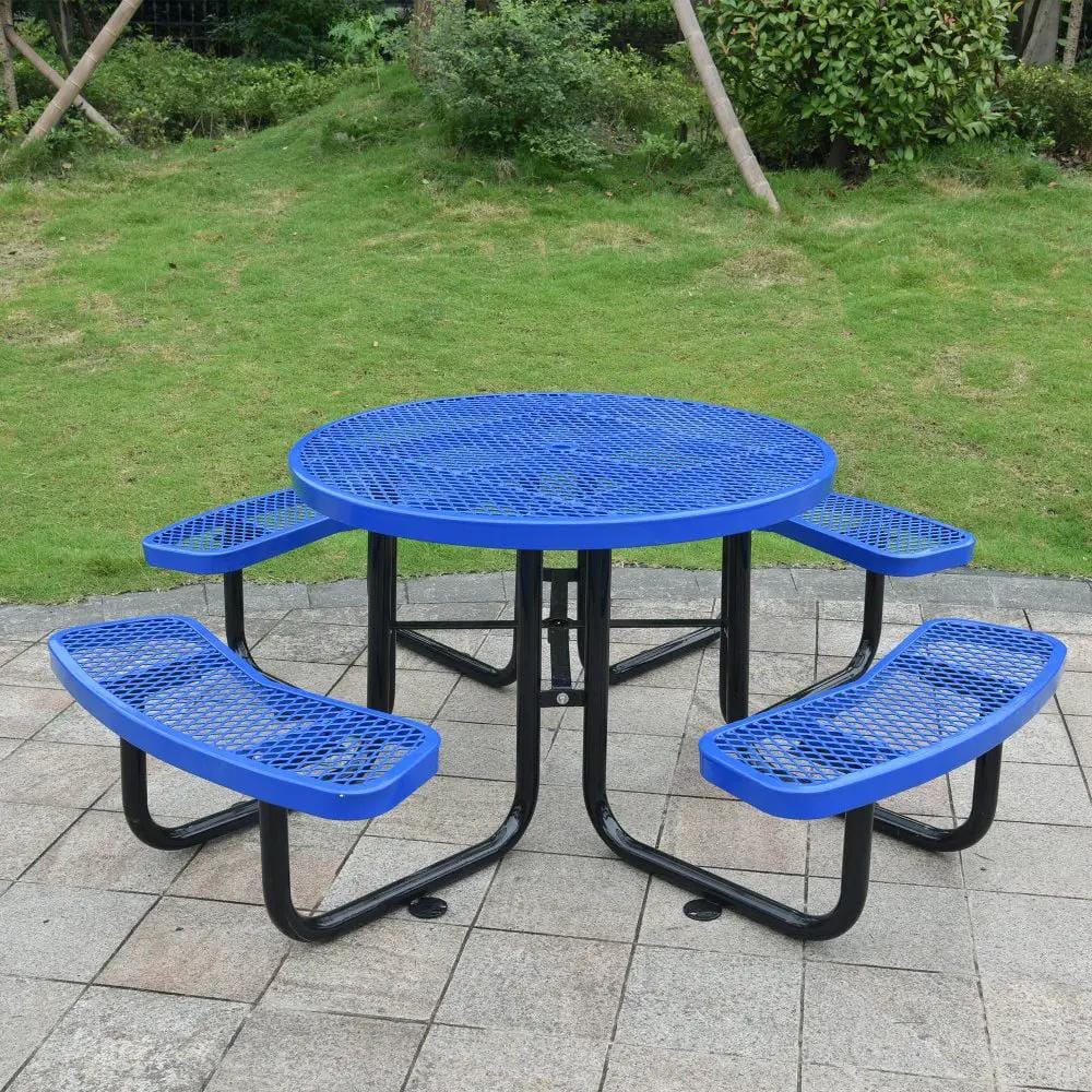 Round Steel Picnic Table | 46 Inch Diameter | Heavy-Duty Perforated Metal | Umbrella Hole