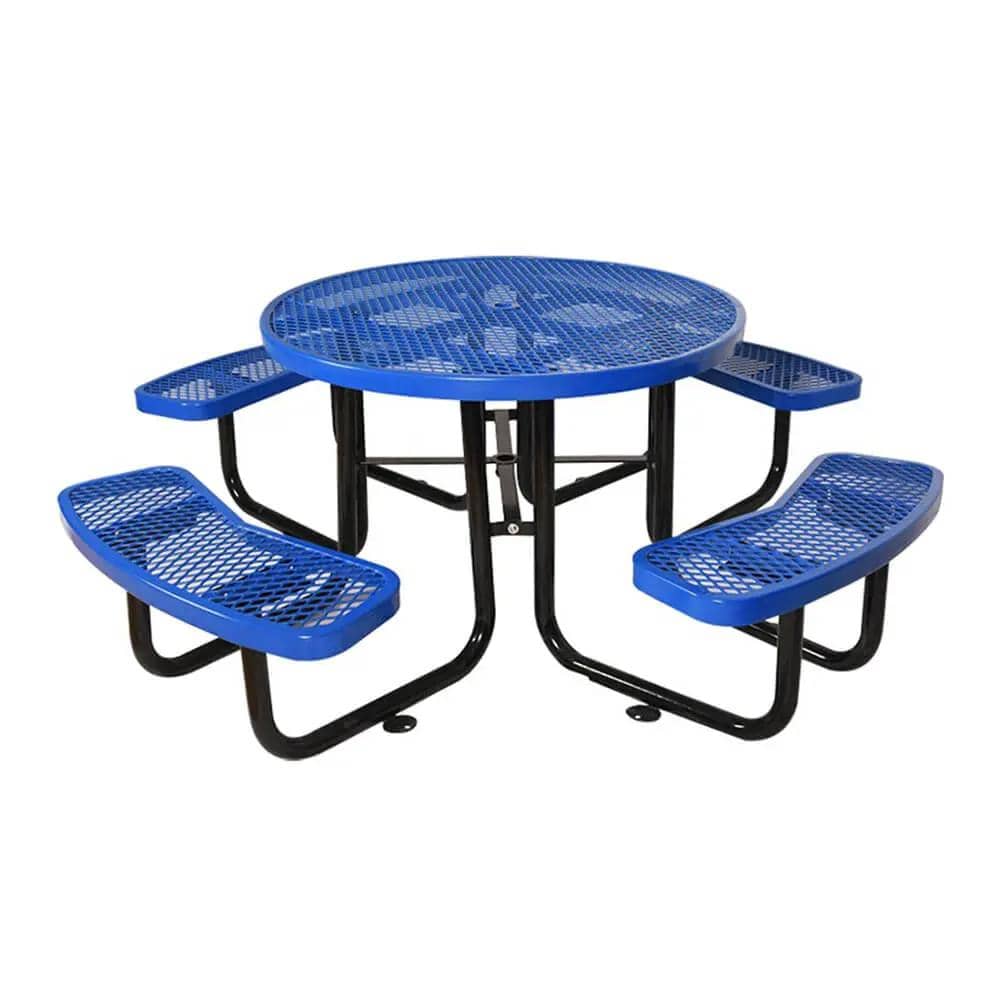 Round Steel Picnic Table | 46 Inch Diameter | Heavy-Duty Perforated Metal | Umbrella Hole