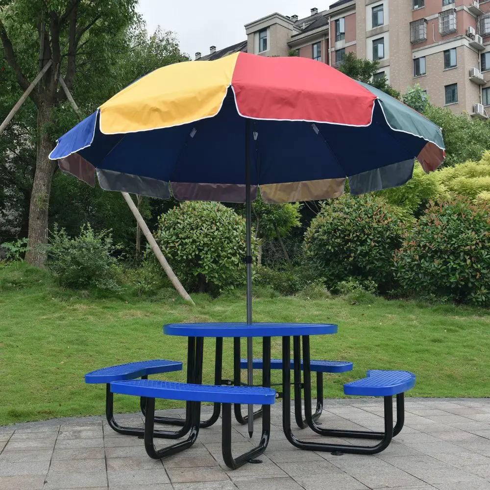 Round Steel Picnic Table | 46 Inch Diameter | Heavy-Duty Perforated Metal | Umbrella Hole