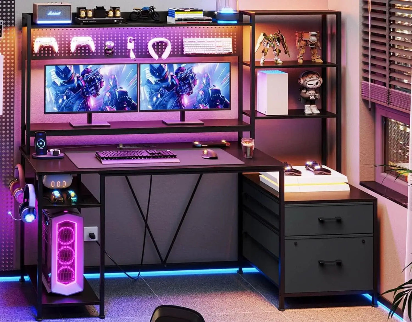 Reversible Gaming Desk with Power Outlets and LED Light from PriceLows™