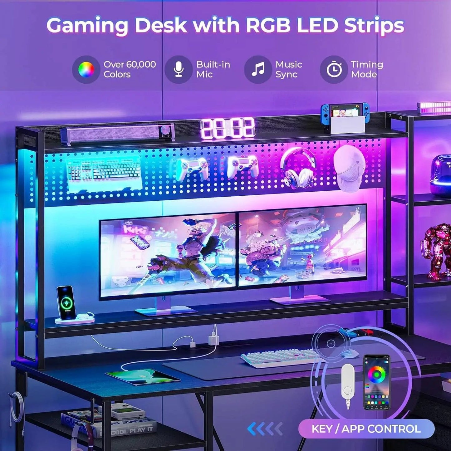 Reversible Gaming Desk with Power Outlets and LED Light from PriceLows™