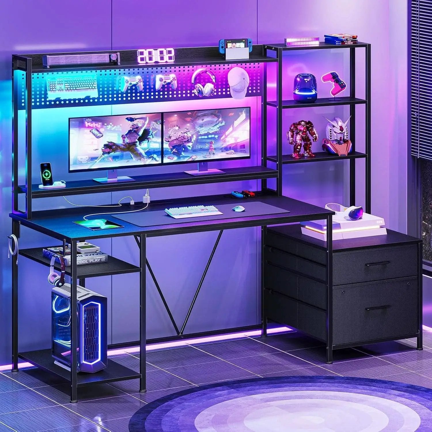 Reversible Gaming Desk with Power Outlets and LED Light from PriceLows™