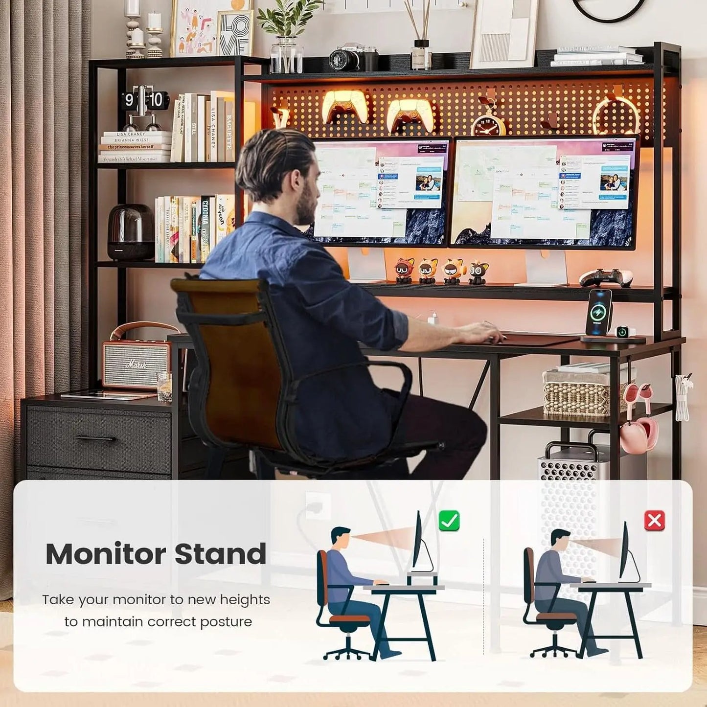 Reversible Gaming Desk with Power Outlets and LED Light from PriceLows™