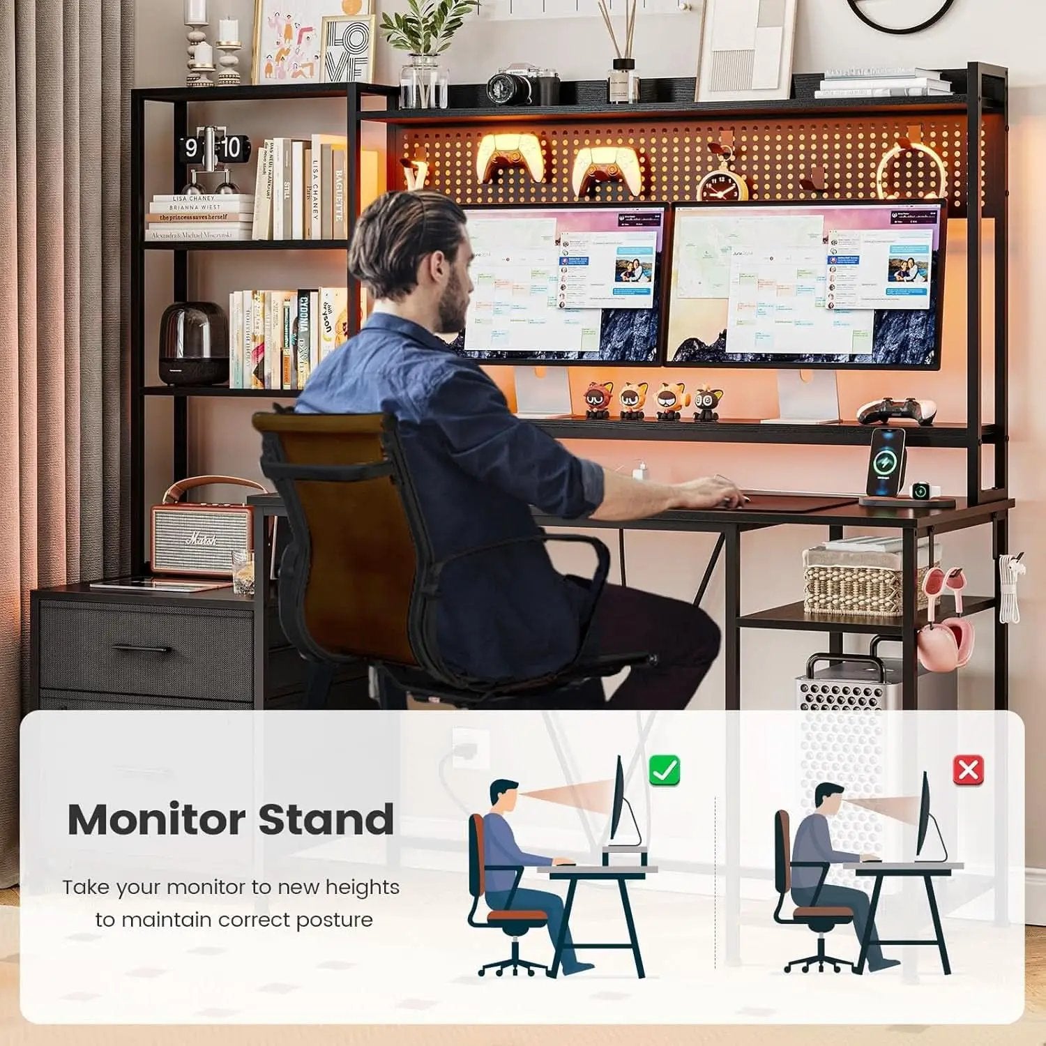 Reversible Gaming Desk with Power Outlets and LED Light from PriceLows™