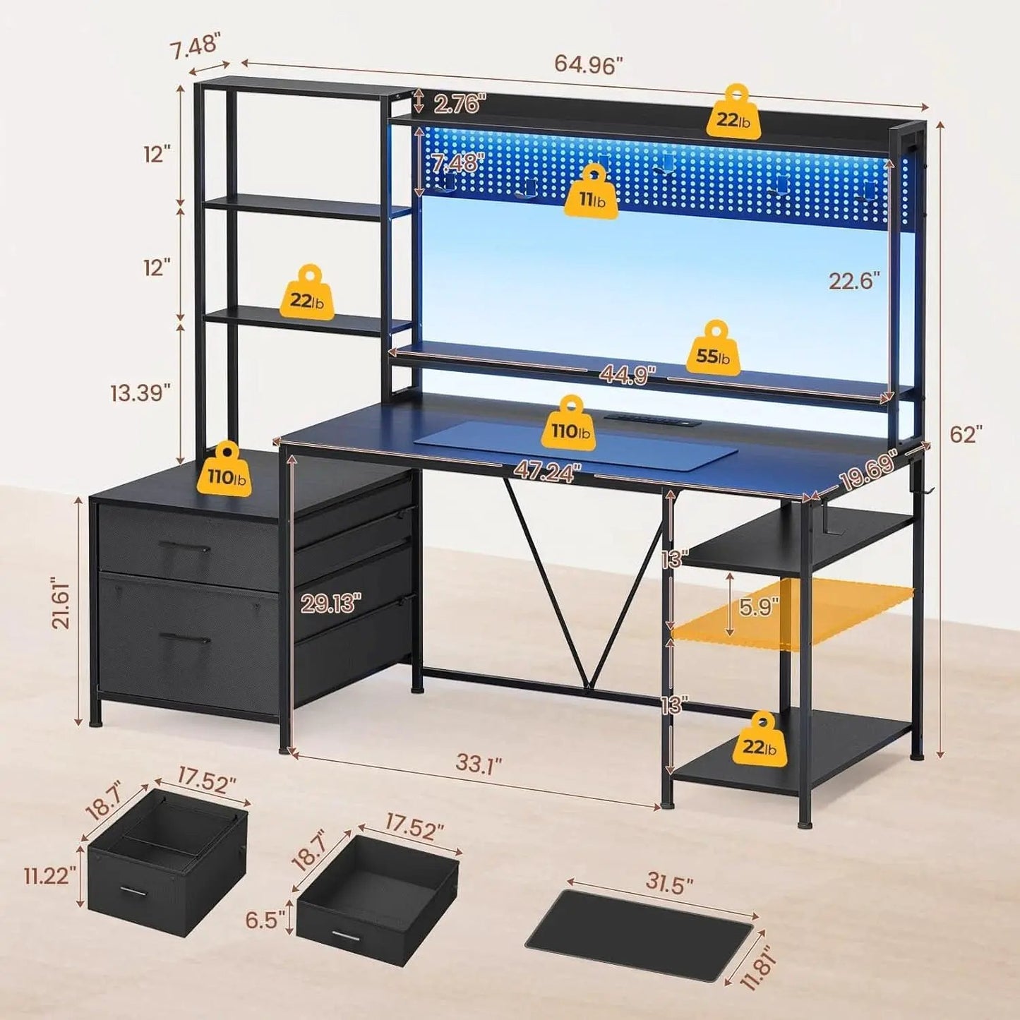 Reversible Gaming Desk with Power Outlets and LED Light from PriceLows™