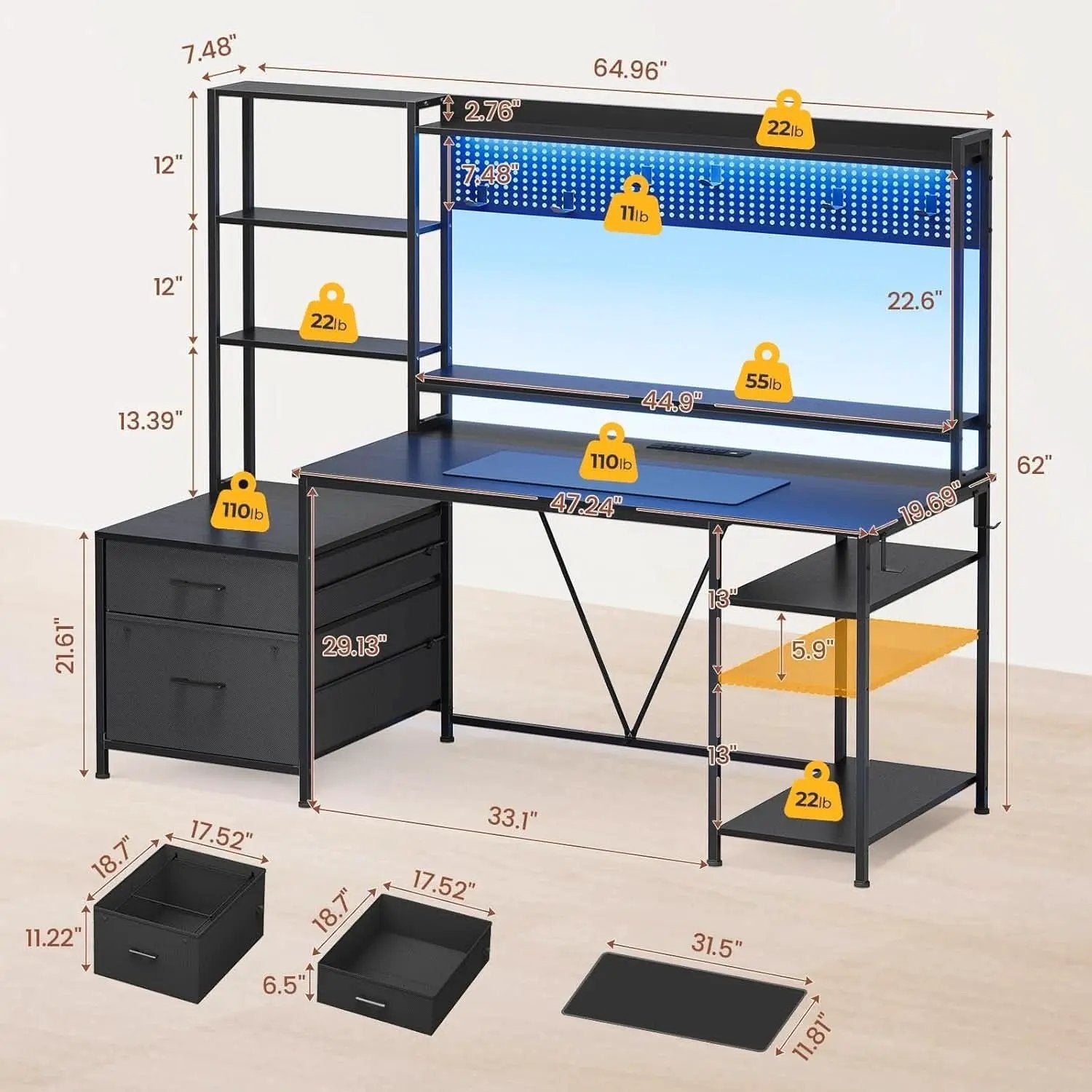 Reversible Gaming Desk with Power Outlets and LED Light from PriceLows™