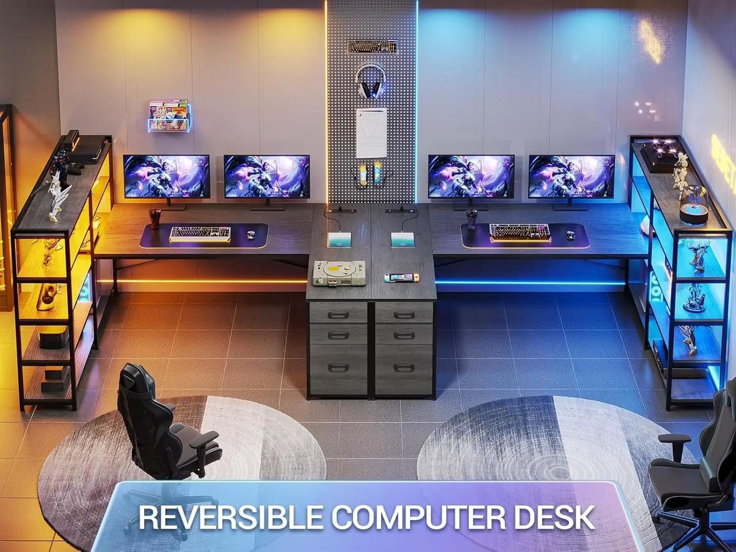 Reversible U Shaped Corner Desk With LED Lights from PriceLows™