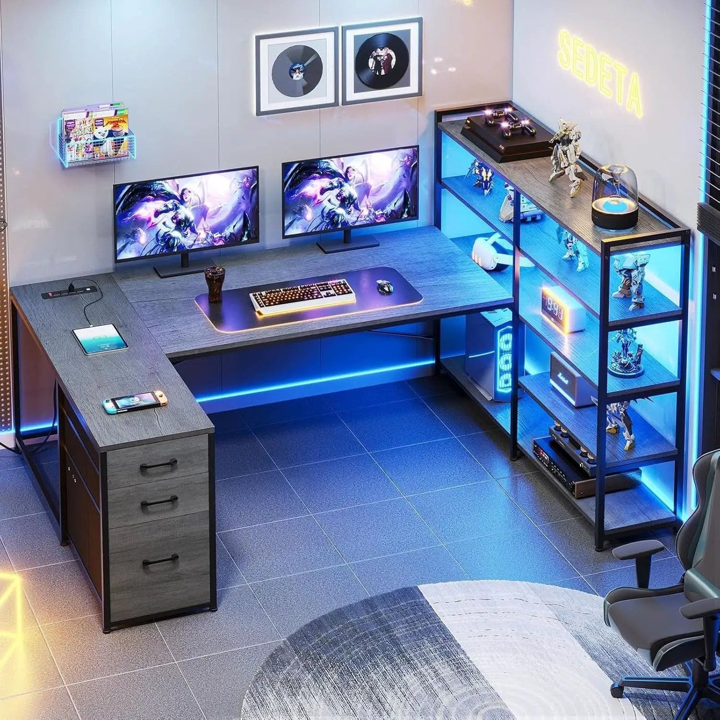Reversible U Shaped Corner Desk With LED Lights from PriceLows™