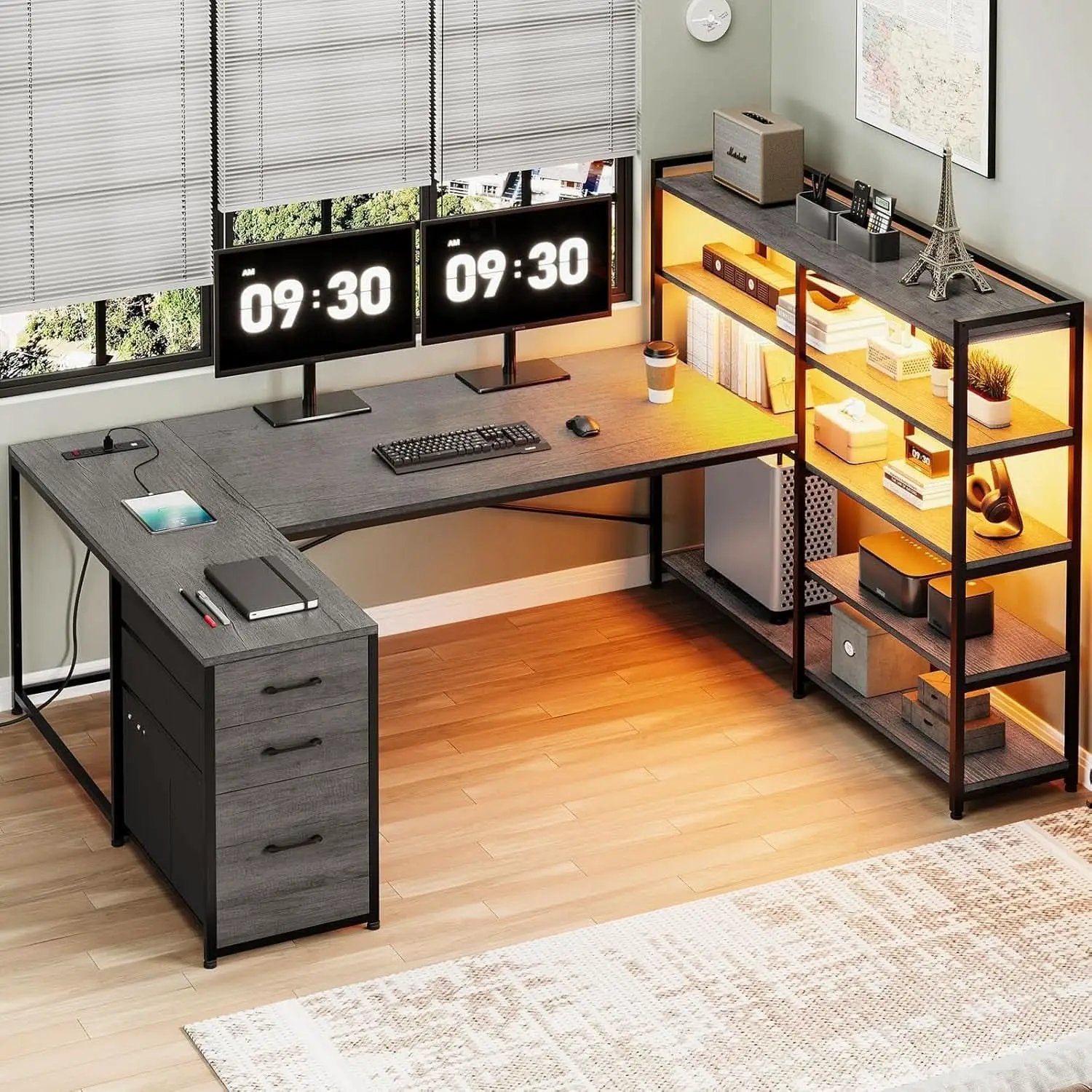 Reversible U Shaped Corner Desk With LED Lights from PriceLows™
