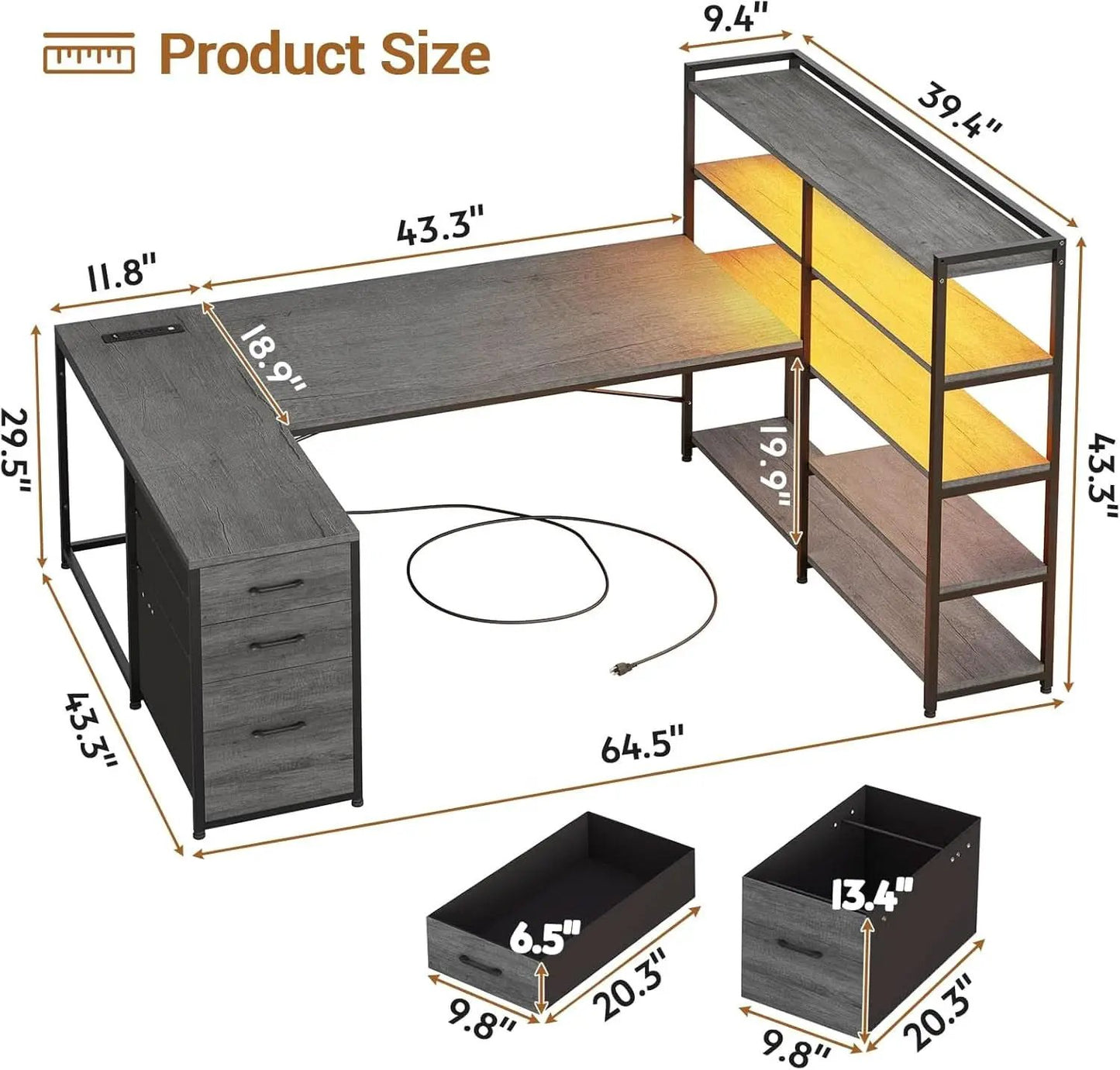 Reversible U Shaped Corner Desk With LED Lights from PriceLows™