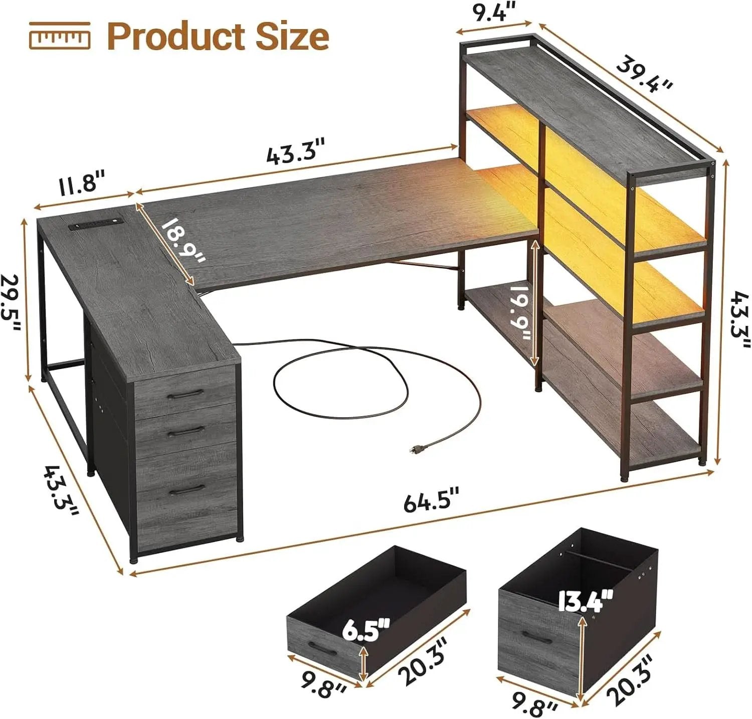 Reversible U Shaped Corner Desk With LED Lights from PriceLows™