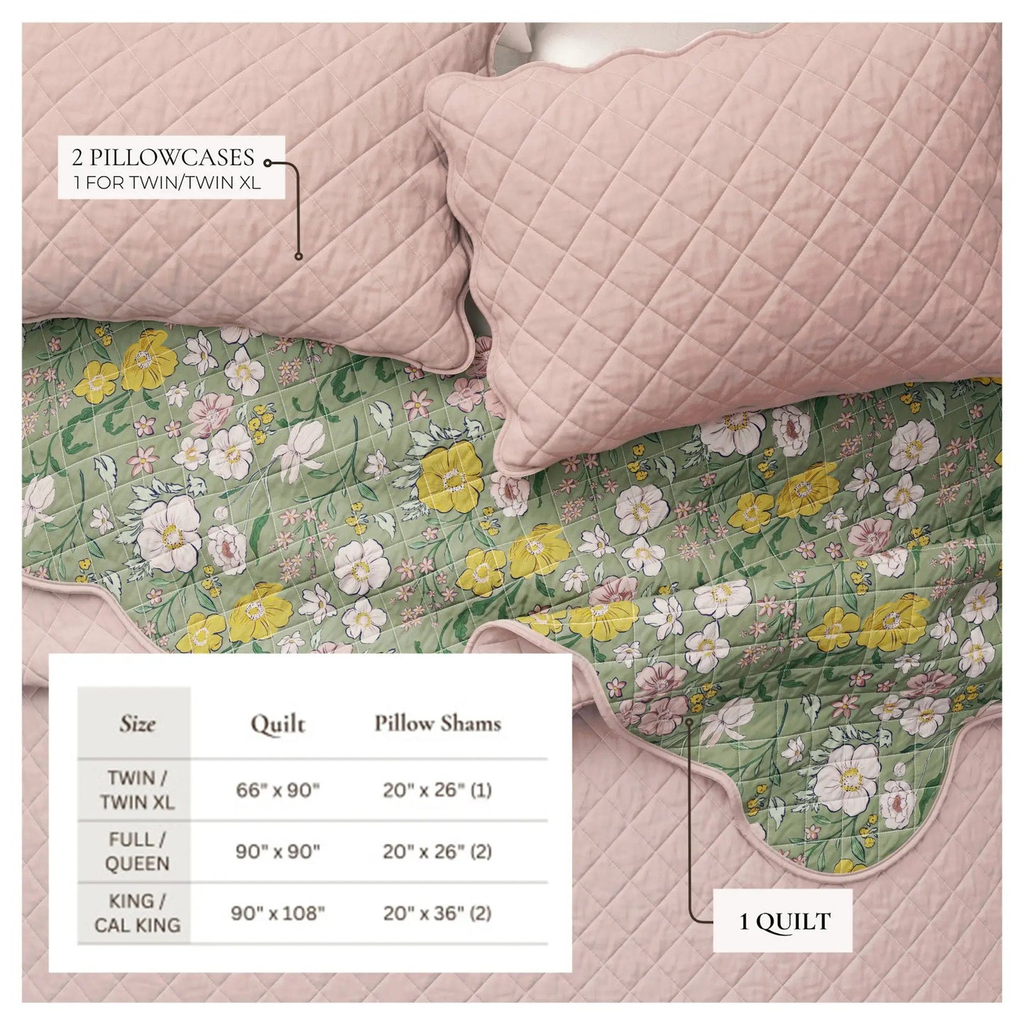 Floral Print & Scalloped Cotton Quilt Set - Gwen Collection from PriceLows™