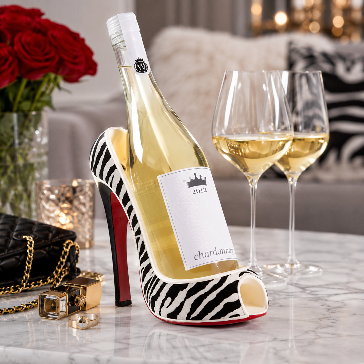 Wine Bottle Holder | High Heel Shape | Zebra Print Finish | Standard Fit