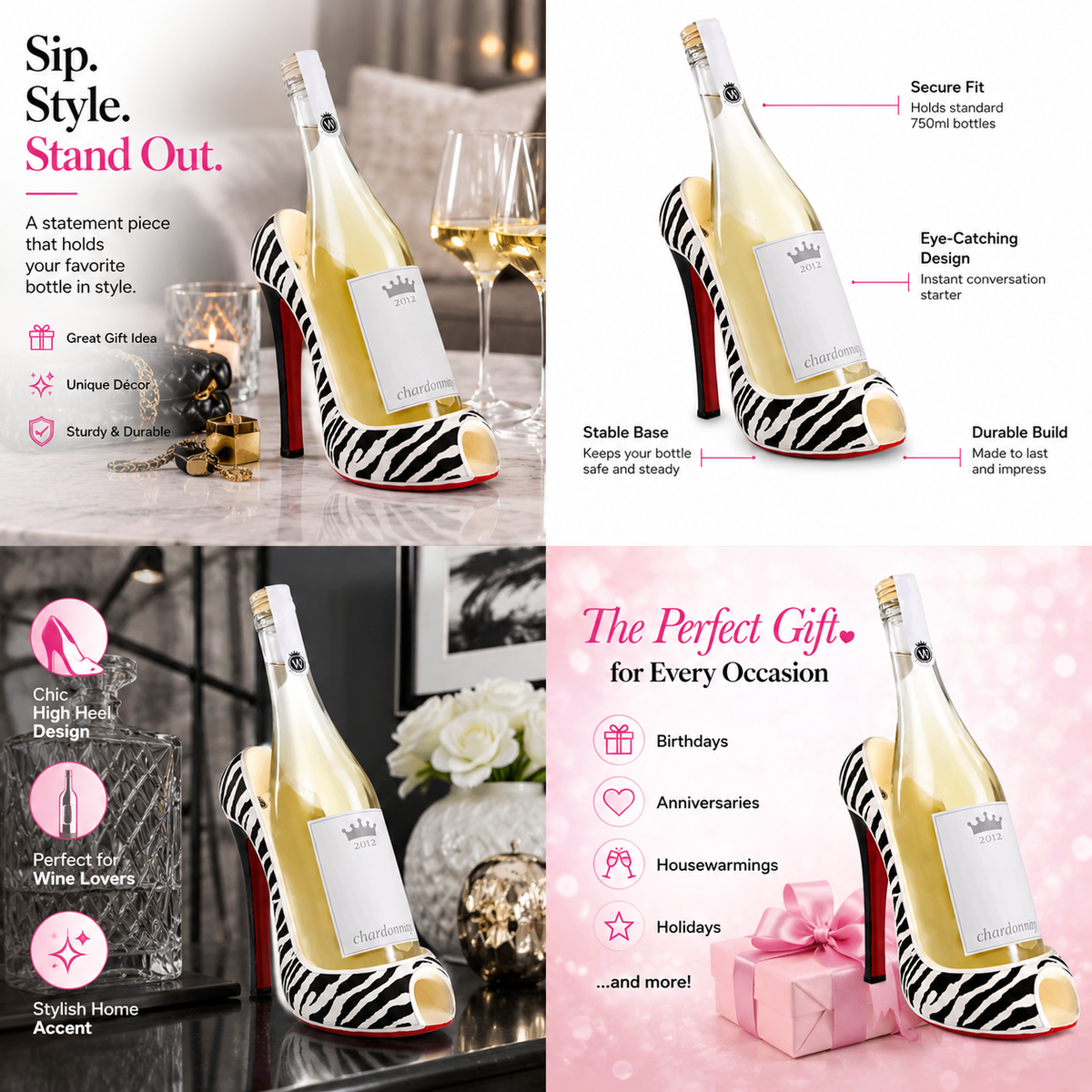 Wine Bottle Holder | High Heel Shape | Zebra Print Finish | Standard Fit